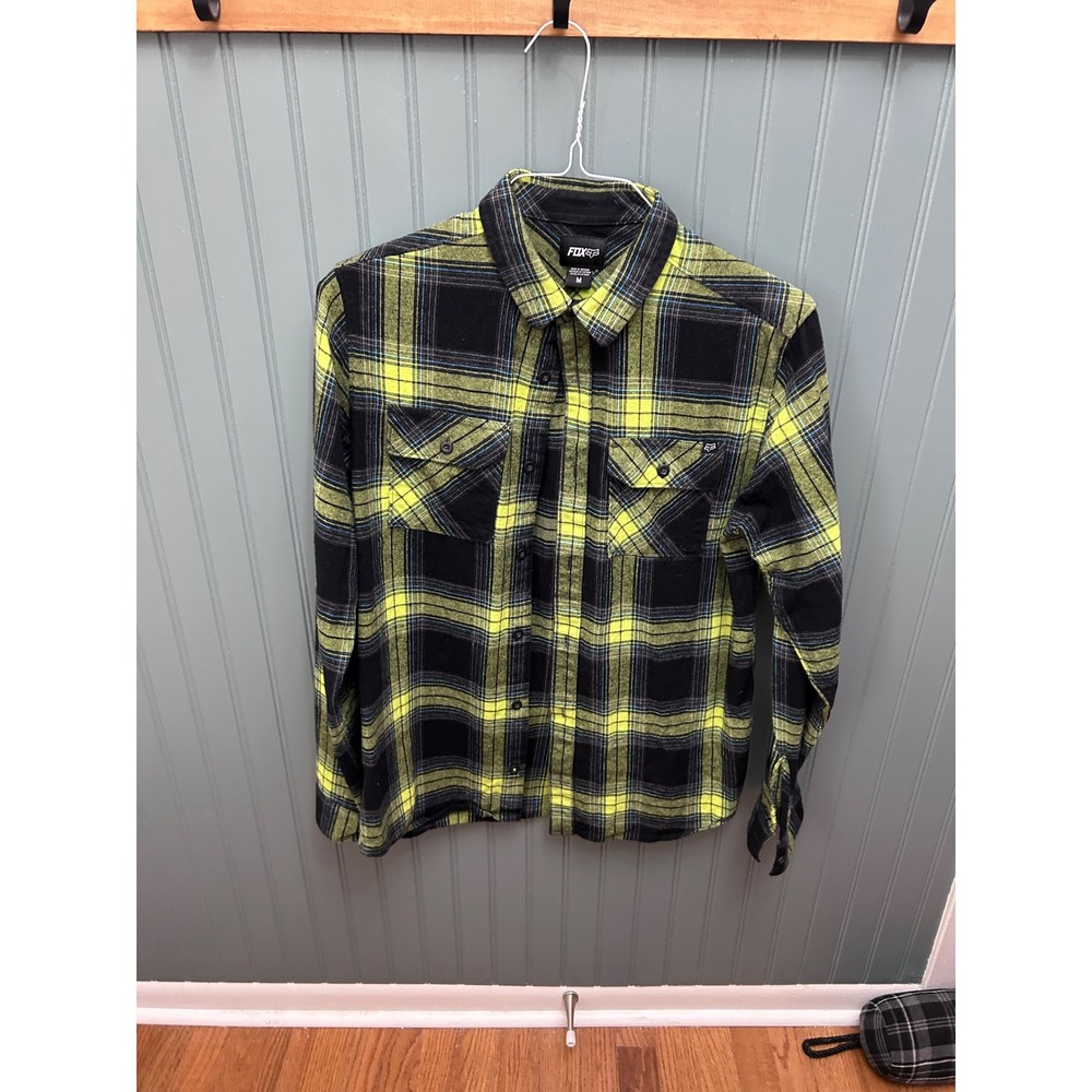 Fox Racing Mens Neon Yellow Black Plaid Flannel Button Up Shirt Size‎ M
